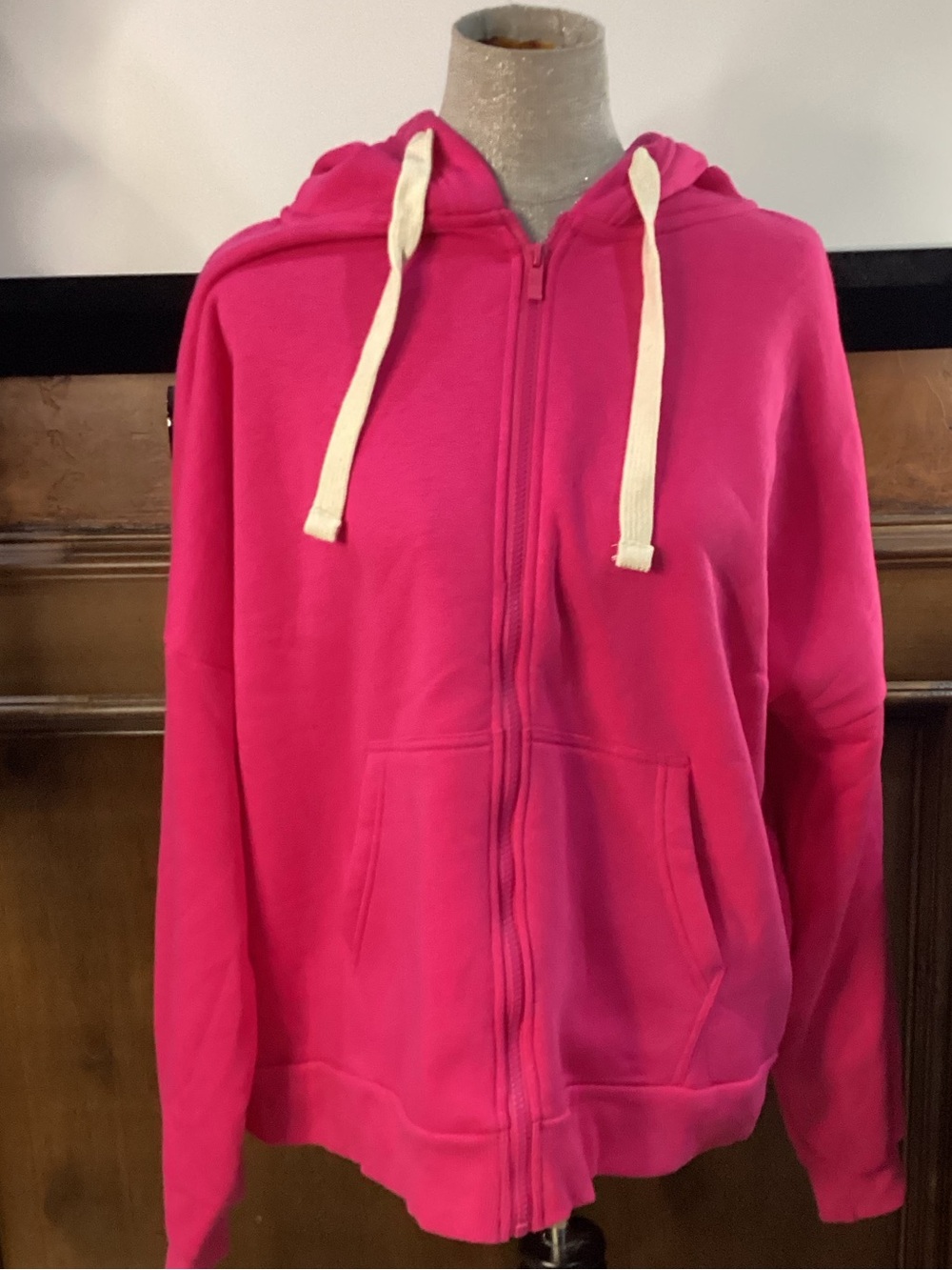 NWOT SIZE 1X Zenana Outfitters Coral Pink Full-Zip Hoodie with White Drawstrings